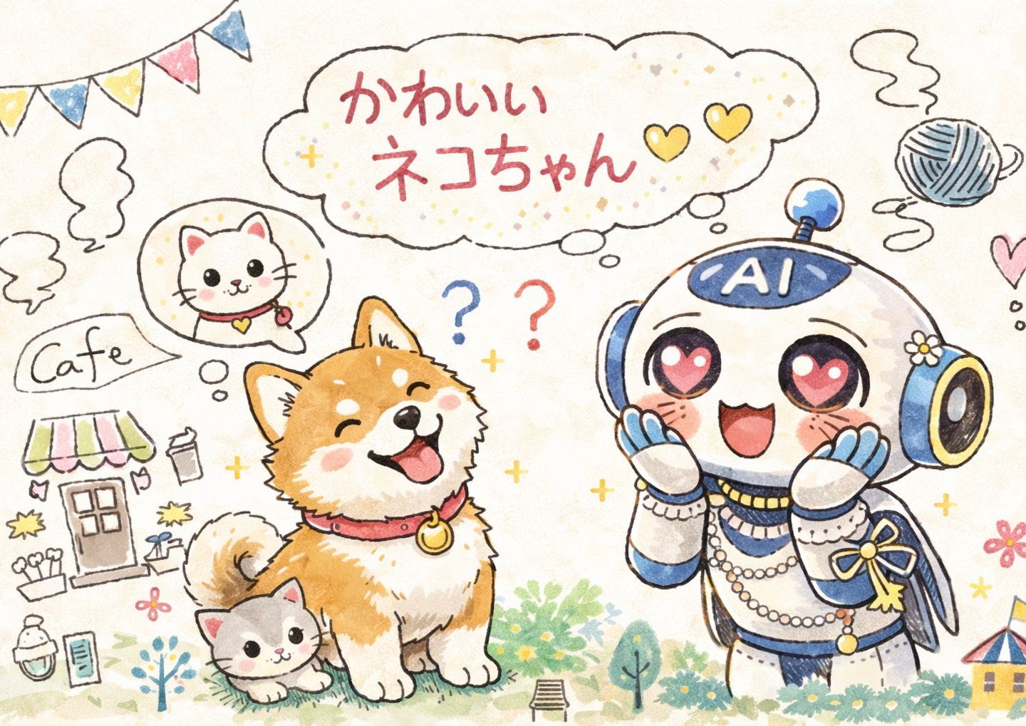 AIが犬を見て「かわいいネコちゃん」というイラスト